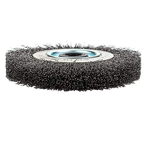 Forney 72895 Wire Bench Wheel Brush, Industrial Pro Crimped with 1/2-Inch Through 2-Inch Multi Arbor, 6-Inch-by-.012-Inch