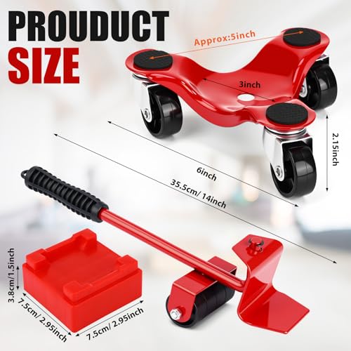 Timtin 17 Pcs Furniture Moving Dolly Set, 8 Pack 3-Wheel Steel Tri Dolly with 8 Heightening Pad & 1 Crowbar, Heavy Duty Movers Triangle Swivel Casters for Heavy Furniture, 200 Lbs Capacity(Red) - color: Red