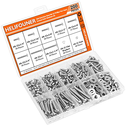 HELIFOUNER 200 Pieces #8-32 Phillips Pan Head Machine Screws Nuts Washers Assortment Kit, Coarse Thread, Fully Machine Threaded, 304 Stainless Steel - size: #8-32, style: Phillips Pan Head