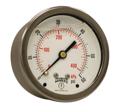Winters 2-1/2" Dial Size, Liquid Filled Industrial Pressure Gauge, Brass Internals, 304 Stainless Steel Case, Dual Scale 0-60 psi/kPa, 1.5% Acc, 1/4" NPT Back Mount, Glycerin Filled Pressure Gauge - style: 0/60 PSI/kPa