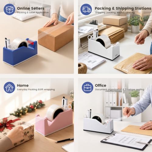 Sooez Weighted Tape Dispenser, Aesthetic Packing Tape Dispenser Desk, with Storage Compartment, Super Heavy Duty Tape Holder, Fit 1.88" to 2" Wide Tape, Tape Cutter Packing Shipping Supplies - color: White