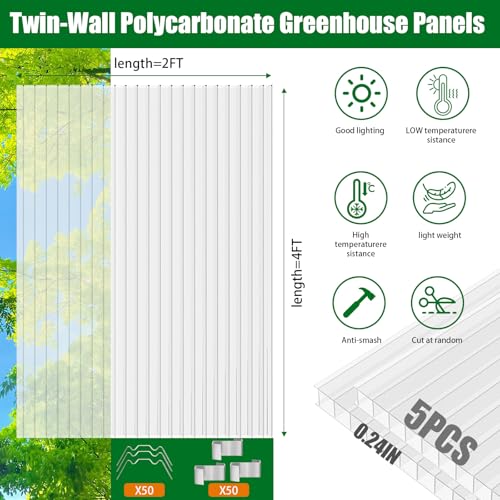 Polycarbonate Greenhouse Panels 5 Pack 4' x 2' x 0.24" Twin-Wall UV-Protected All Weather Plastic Roof Panel Clear Replacement Sheets for Garden Fences, Furniture DIY,Outdoor Roofing - style: 5 Pack 4' x 2' x 0.24"