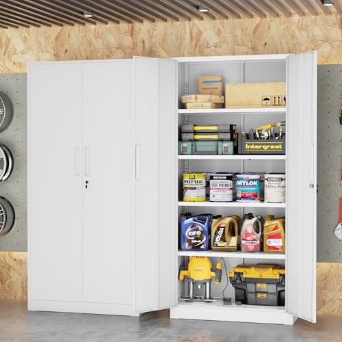SUNCROWN 72" Metal Storage Cabinet - Heavy-Duty Metal Garage Cabinet with 4 Adjustable Shelves & 2 Doors for Tools, Office, Home, Workshop,White-Small - color: White, size: 72"H x 32"W x 16"D