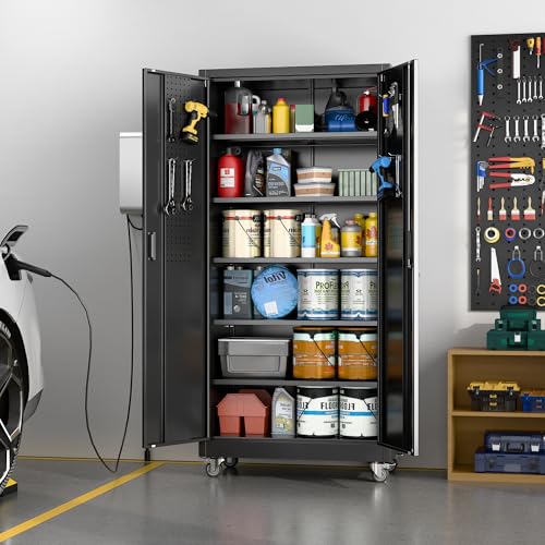Aobabo Black Metal Garage Storage Cabinet with Wheels, 34"W x 18"D x 71"H - color: Black, size: 18"D x 34"W x 71"H