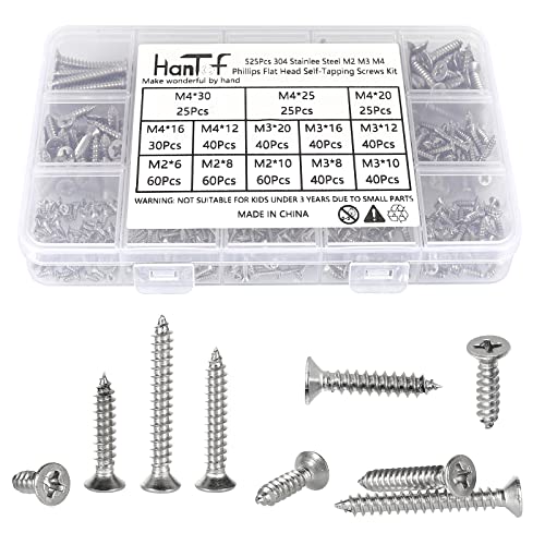 525Pcs M2 M3 M4 Phillips Flat Head Self Tapping Wood Screws, 304 Stainless Steel 13 Sizes Cross Countersunk Sheet Metal Screws Assortment for Wood, Plastic and Soft Metal. Coarse Threaded, Sharp Point