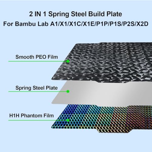IdeaFormer Double Sided Textured PEO H1H Build Plate for Bambu Lab X2D/X1/X1C/X1E/P1P/P1S/P2S/A1, Flexible Diamond PEO+Phantom H1H Spring Steel Plate 257x257mm for Bambu 3D Printers - color: Diamond PEO+Phantom H1H