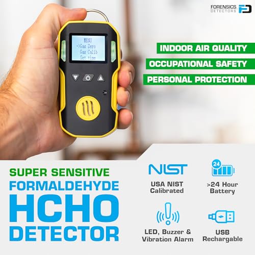 Formaldehyde Detector (HCHO) by Forensics | USA NIST Calibration & Certificate | USB Recharge | Sound, Light and Vibration Alarms | 0-10ppm HCHO |
