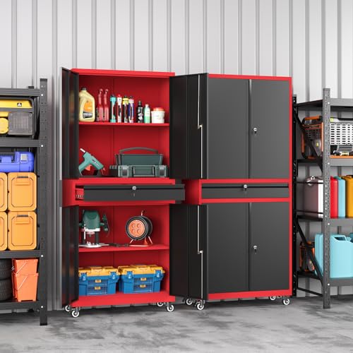 Metal Garage Storage Cabinet with Wheels, Rolling Garage Cabinet with Locking Doors and Adjustable Shelves, 73" Heavy Duty Steel Tool Cabinet with Drawer for Garage, Warehouse(Red Black) - color: Black Red, size: 72.8"H x 31.5"W x 15.7"D