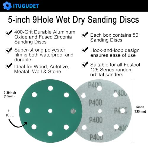 5 Inch 9 Hole Wet Dry P400 Grit Sanding Discs - 50 Pack Box - size: 400 Grit
