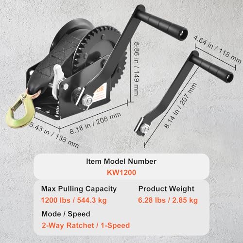 VEVOR Boat Winch,1200 lbs Capacity Hand Boat Trailer Winch Heavy Duty Rope Crank with 23 ft Polyester Strap and Two-Way Ratchet, Manual Operated Hand Crank Winch for Trailer, Boat or ATV Towing