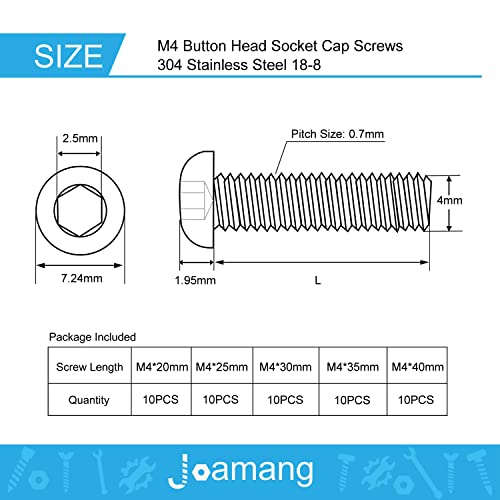 M4 x 20mm 25mm 30mm 35mm 40mm Button Head Socket Cap Screws Bolts, Stainless Steel 304, Metric Allen Hex Drive, Bright Finish, Fully Threaded, Assortment Kit 50PCS - size: Button M4x20-40 mm