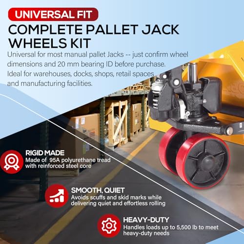 Pallet Jack Wheels Set & Axles 7"x2" Steering 2.75"x3.75" Load Rollers, Red