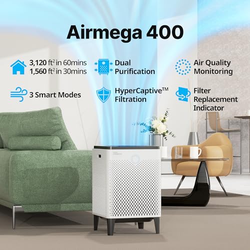 COWAY Air Purifier for Home Up to 3,120ft², Washable Pre-Filter and HEPA Filter for Smoke, Allergies, Pet Dander, Odor, AQI, Auto & Sleep Mode, Timer, 5yr Warranty, Airmega 400 White, AP-2015F - style: AIRMEGA 400 WHITE