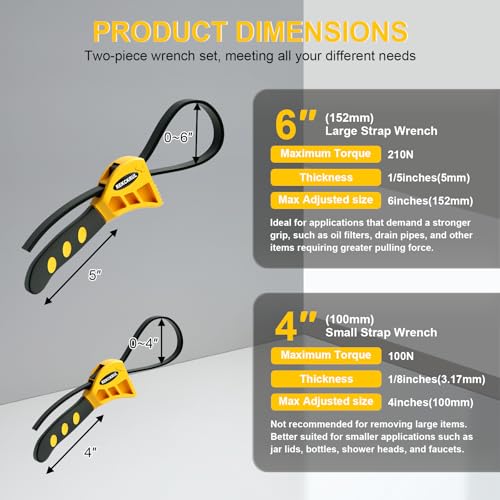 2 PCS Heavy-Duty Strap Wrench Set Upgrade 4" to 6" Diameter Yellow - color: Yellow