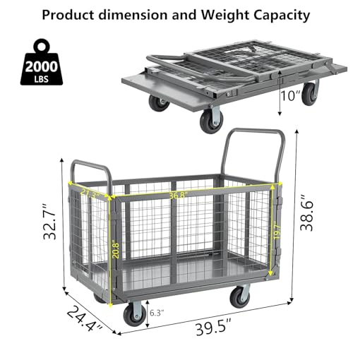 SmarketBuy Platform Truck Cart with Cage, 5 in 1 Heavy Duty Platform Carts with Cage 2000 LBS Capacity Foldable Push Cart Dolly with 5" Casters for Groceries/Garage/Warehouse