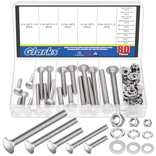 Glarks 80pcs 1/4-20x1-1/4’’, 1/4-20x2-1/2’’, 5/16-18x2’’, 5/16-18x3’’, 3/8-16x3-1/2’’ Carriage Bolts Screws, Round Head Square Neck Bolts, Square Neck Carriage Bolts Screws with Nuts and Washers