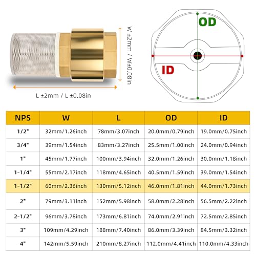 1-1/2" NPT Foot Valve with Filter, Brass, Heavy Duty, Female Thread, DN40 - size: 1 1/2 Inch