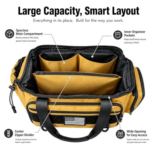 Tool Bag with Anti-friction Bottom, Durable Handle Tool Bags for Men with Shoulder Strap Tactical Range Bag, Multi-purpose Work Tote for Repairman, Carpenters, Handyman. (Coyote Brown) - color: Coyote Brown