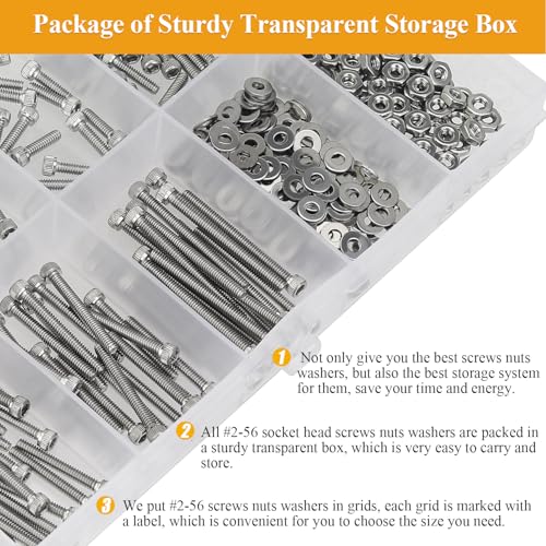254 Pieces #2-56 x 3/16", 1/4", 5/16", 3/8", 1/2", 5/8", 3/4", 1", Hex Socket Head Cap Screws Nuts Washers Assortment Kit - size: #2-56, style: Socket Head