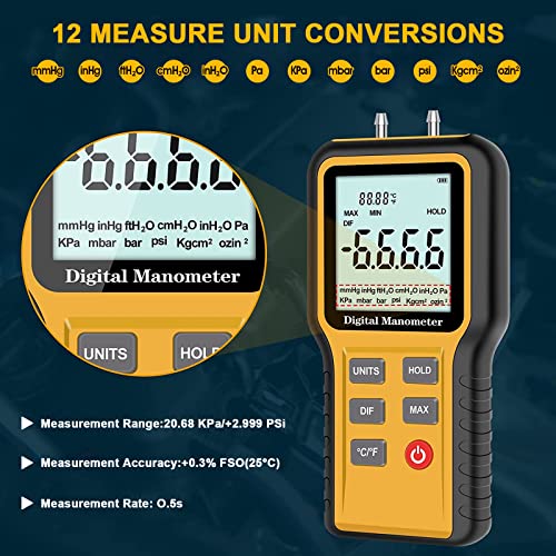 Manometer HVAC Gas Pressure Tester, Dual-Port Digital Monometer - color: Orange
