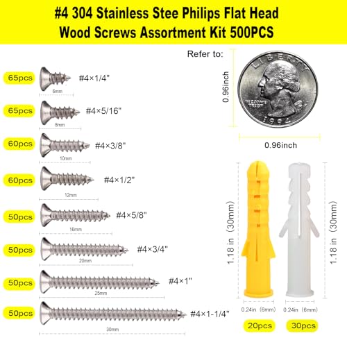 #4 Flat Head Phillips Wood Screw 500Pcs, 304 Stainless Steel Assortment Kit - color: Sliver, size: #4-500pcs