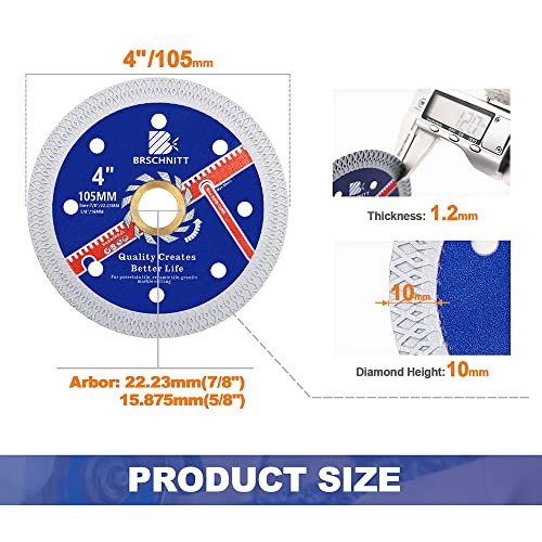 Super Thin Diamond Porcelain Saw Blade with X Teeth,BRSCHNITT 2pcs 4 Inch (105mm) x Arbor 7/8"-5/8" Angle Grinder Diamond Cutting Disc for Dry/Wet Cutting Porcelain Tile Ceramic Marble Granite - size: 105mm(4")