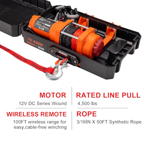 RUGCEL WINCH Portable Winch 12V DC Electric Utility winch,4500lb/2041kg Single Line Pull with Steel Mounting Plate, Integrated Hawse Fairlead and Synthetic Rope,Infrared remote control,atv utv winch - color: TK4500