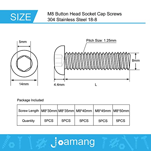 M8 x 30mm 35mm 40mm 45mm 50mm Button Head Socket Cap Screws Bolts, Stainless Steel 304, Metric Allen Hex Drive, Bright Finish, Fully Threaded, Assortment Kit 25PCS - size: Button M8x30-50 mm