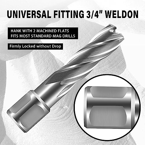 SALI Annular Cutter Diameter 1-1/8 Inch with Weldon Shank 3/4" (with 2 Flats) Cutting Depth 2" Mag Drill Bit for Magnetic Drill Press HSS Fully Ground Drill with One 1/4"*4" Pilot Pin - size: 1-1/8"*2"