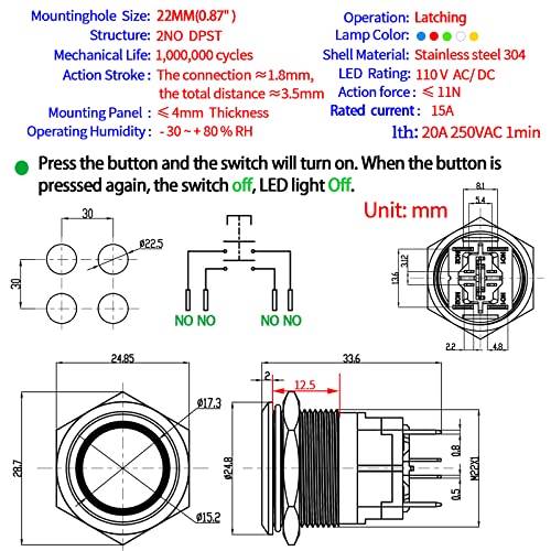 UL Listed ZJWZJH 15Amp 22mm Push Button Switch110V/120V Latching 2NO DPST Angel Eye LED Stainless Steel Round Self-Locking 7/8'' with Wire Socket - color: Red, size: Latching 120V