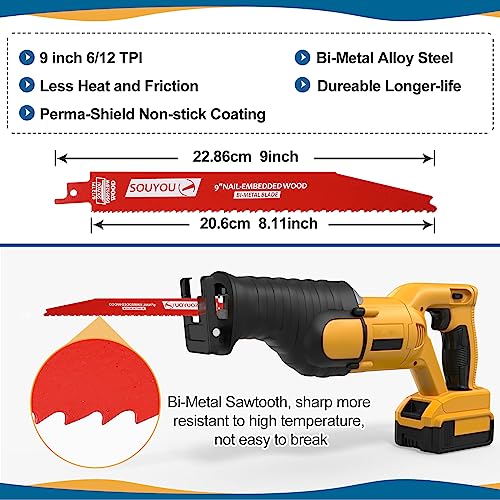 50 Pack 9 Inch 6/12 Tpi Reciprocating Saw Blades Bi-Metal with Coating Stud and Reciprocating Saw Blades for Cutting Embedded Wood Metals PVC Pallets etc. - size: 9in 50Pack, style: 6/12 Tpi