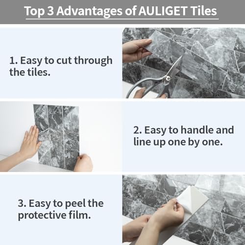 AULIGET 40-Piece Polished Grey Marble with Silver Peel and Stick Backsplash Wall Tiles, 3" x 12" PVC Faux Stone Stick on Tiles for Backsplash Kitchen, Bathroom, Laundry Room, Camper, Fireplace - color: Polished Grey Marble & Silver, size: 40 Pieces, 3"x12