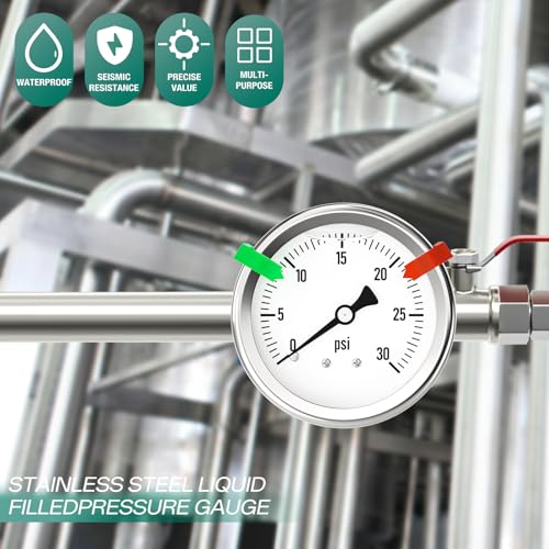 0-30PSI Stainless Steel Liquid Filled Pressure Gauge, 2.5" Single Scale Face Dial, 1/4" NPT Back Mount, for Tube, Water Pump, Gas, Liquid, Pressure Test (with Range Mark Pointer) - size: 0-30 psi