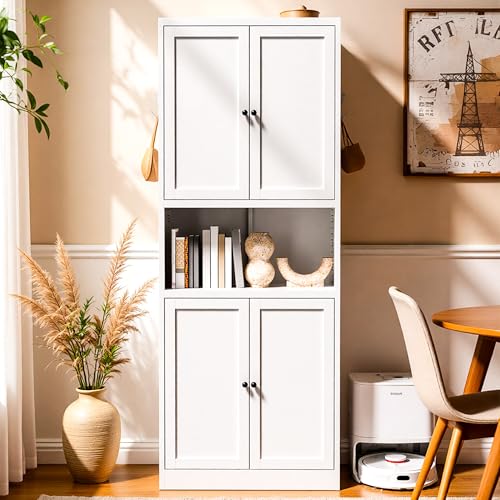 AQY Metal Pantry Cabinet, 72" White Kitchen Storage Cabinet with Doors - color: White, style: H72" - 4 Doors Wire Hole Hooks & Vents
