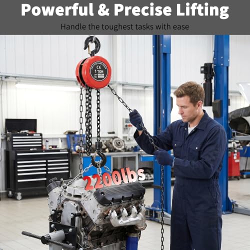 Manual Chain Hoist | 1 Ton/2000 lbs Capacity | 10’ Lift | 2 Hooks | Manual Hand Lift Steel Chain Block Hoist (1T-Red) - size: 1T-Red