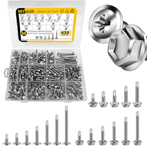 Mywish 430PCS Self Tapping Screws for Metal, Stainless Self Tapping Screws #8#10 Hex Head Truss Head, Sheet Metal Screws Assortment Kit, High-Strength Self Drilling Screws - color: Silver, size: #8 #10 Hex & Truss Head 430Pcs