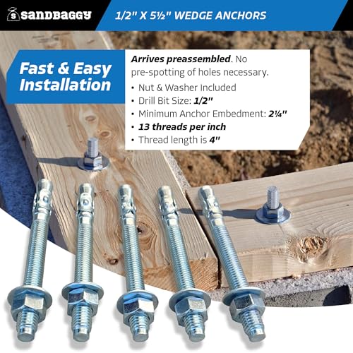 Sandbaggy 1/2" x 5-1/2" Concrete Wedge Anchors Bolts - Hex Head (Galvanized) - Masonry, Concrete (25, 1/2" x 5-1/2") - size: 1/2" x 5-1/2"