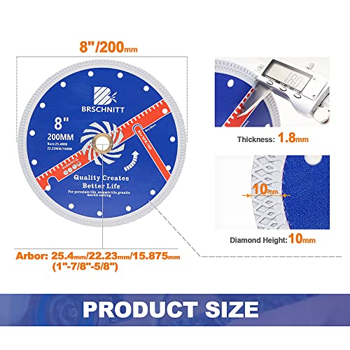 Super Thin Diamond Porcelain Saw Blade with X Teeth,BRSCHNITT 2pcs 8 Inch (200mm) x Arbor 1"-7/8"-5/8" Angle Grinder Diamond Cutting Disc for Dry/Wet Cutting Porcelain Tile Ceramic Marble Granite - size: 200mm(8")