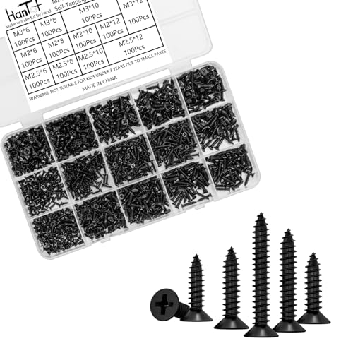 1200Pcs Black Tiny Self Tapping Screws for Wood, Plastic and Soft Metal. Phillips Flat Head M2 M2.5 M3 Small Countersunk Tapper Screws Set for DIY Micro Woodworking Furniture Box. Carbon Steel - style: 1200Pcs Flat Head Wood Screws
