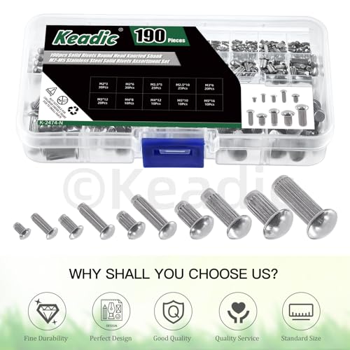 Keadic 190Pcs M2 M2.5 M3 M4 M5 304 Stainless Steel Brazier Head Solid Rivet Set, 3mm 5mm 6mm 8mm 10mm 12mm 16mm Solid Rivet Fasteners for Repairing Boats Furniture Automotive