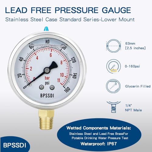 0-160 Psi Lead-Free Glycerin Liquid Filled Low Pressure Gauge, 2.5" Dial Size, 1/4" G Lower Mount, 304 Stainless Steel Case, for Water Pipe, HVAC, Water Oil Air Pressure Test - size: 0-160 psi, style: Lower Mount(Lead Free)