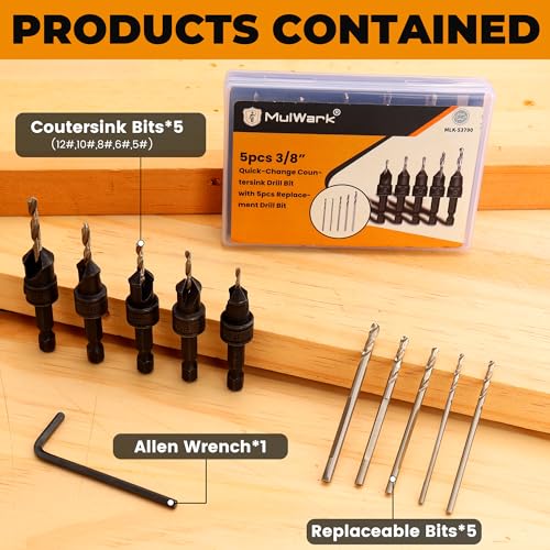 MulWark Countersink Drill Bit Set, 11PCS Adjustable Tapered Drill Bit and Counter Sink Bits for Wood, HSS Woodworking Set with Allen Wrench, #5#6#8#10#12, 3/8" Quick Change Hex Shank, Storage Box