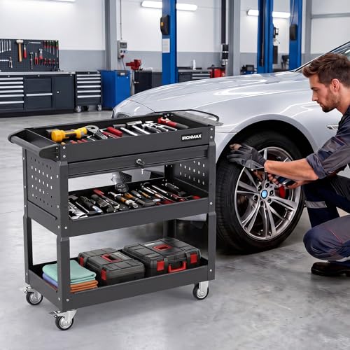 Goplus 3 Tier Rolling Tool Cart with Lockable Drawer, Heavy Duty Metal Utility Cart on Wheels with Pegboards & Hooks, Mechanic Tool Storage Organizer for Garage, Warehouse & Workshop (Black) - color: Black