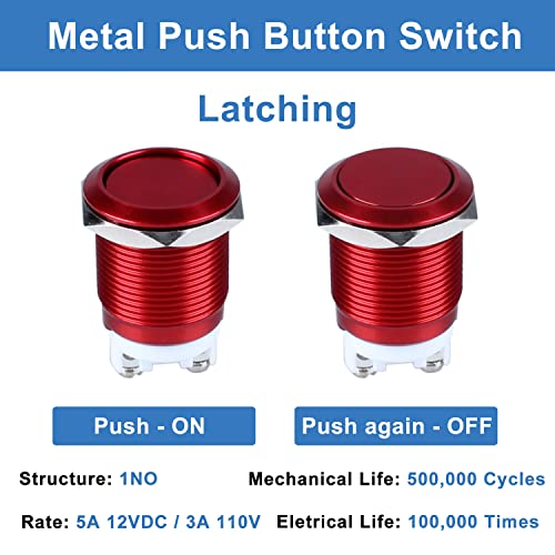 2pc 19mm Latching Metal Push Button Switch Waterproof IP66 Anti-Vandal IK09 for 3/4" Mounting Hole Screw Terminals 12V 24V 36V DC 110V 250V AC 5A 1NO Aluminium Alloy Red Shell - color: Red, size: 19mm 2pcs