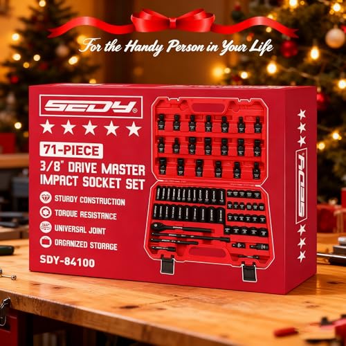 71-Piece 3/8" Drive Master Impact Socket Set, SAE and Metric, 5/16"- 3/4", 8mm - 22mm, Cr-V, Cr-MO, Universal Joint Deep Standard Sockets with Ratchet Handle, Swivel Sockets, Extension Bars, Adapters - size: 71 PCS 3/8"Drive Master