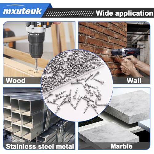 mxuteuk 390PCS Self Tapping Screws,410 Stainless Steel Self Tapping Screws for Metal,#8,#10,#12 Self Drilling Screws,Hex Washer Head Sheet Metal Screws Suitable for Wood, Metal or Tough Materials