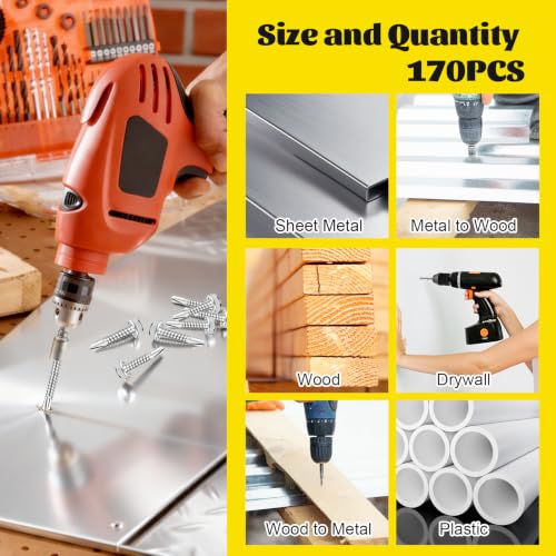 170Pcs #8#10 Hex Washer Head Self Tapping Sheet Metal Screws Kit - size: 170pcs #8#10 Silver