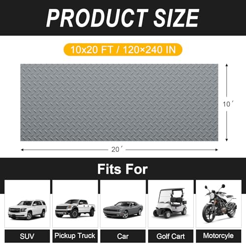 Grandroad auto 10x20 FT Garage Floor Mat, 2.8mm Thickened Flooring Roll for Under Car Diamond Plate PVC Rubber Mat with 20 Pcs Tapes, Non-Slip Floor Mat for Garage, Warehouse, Gyms, Trailer, Gray - color: Grey, size: 10×20FT