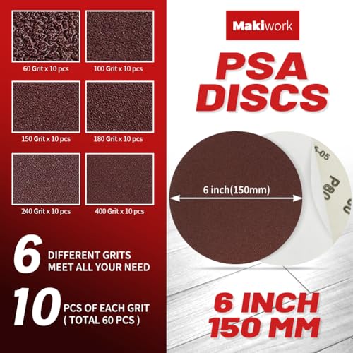 60 PCS 6 Inch PSA Sanding Discs, Assorted 60–400 Grit Aluminum Oxide Self Adhesive Sandpaper Discs for DA Sander, Automotive Paint Sanding, Woodworking & Metal Surface Prep - style: 6 in PSA discs