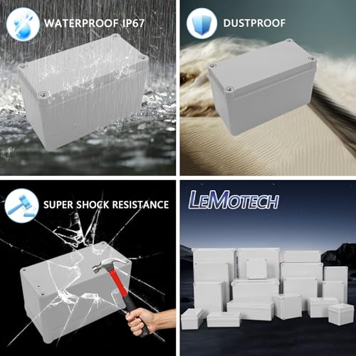 LeMotech Junction Box IP67 Waterproof Dustproof ABS Plastic Project Box for Electrical Outdoor Enclosure Gray 6.3 x 3.1 x 3.7 inch (160 x 80 x 95 mm),2 Pack - size: 6.3" x 3.1" x 3.7" (2pc)